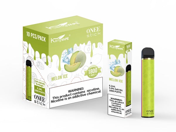KangVape - Onee Stick 1800 Puffs - Disposable Vape - Light green device standing next to its box and case with white and light green labels.