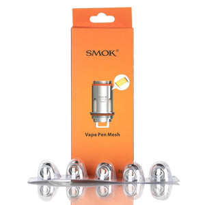 Smok Vape Pen 22 Mesh Replacement Coils orange box and the strip of 5 coils laid in front of it.